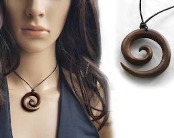 Unisex Necklace, Spiral Pendant, Ethnic Jewelry, Wooden Spiral Necklace, Leather Cord Necklace, Tribal Style Wood Jewelry