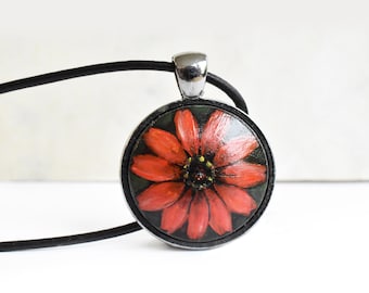 Red Flower Pendant Necklace with Black Leather Cord, Hand Painted Jewelry, Art Painting, Gift Jewelry for Women