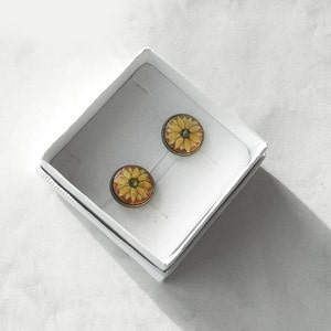 Cute Stud Round Earrings, Hand Painted Sunflower Studs Post Earrings, Yellow Flower Painting Jewelry, Handmade Jewelry image 2