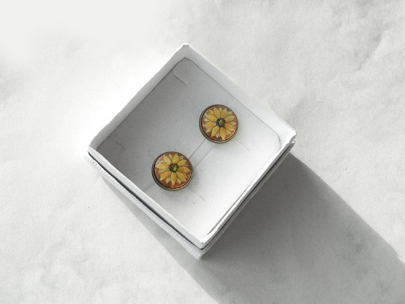 Cute Stud Round Earrings, Hand Painted Sunflower Studs Post Earrings, Yellow Flower Painting Jewelry, Handmade Jewelry image 2