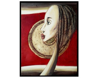Small Painting, Woman Portrait Painting, Original Mixed Media Red Painting, Tribal Art on Canvas, African Girl, Profile View, Ethnic Style