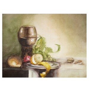May include: A watercolor painting of a still life with a glass of red wine, grapes, a lemon, a red apple, a loaf of bread, and walnuts on a table.