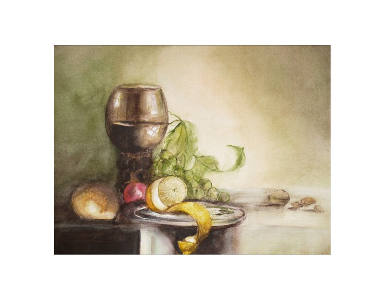 May include: A watercolor painting of a still life with a glass of red wine, grapes, a lemon, a red apple, a loaf of bread, and walnuts on a table.