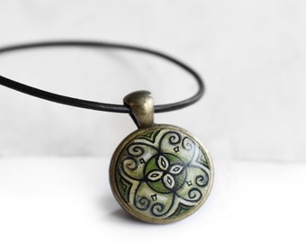 Handmade Green Pendant Necklace with Leather Cord, Hand Painted Jewelry for Art Lovers