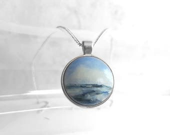 Ocean Pendant Necklace, Hand Painted Artistic Necklace, Hand Painted Charm Pendant, Art Bezel Necklace Blue Necklace, O0AK Jewelry