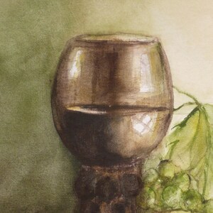 May include: A watercolor painting of a glass of red wine with a green leafy vine in the background.