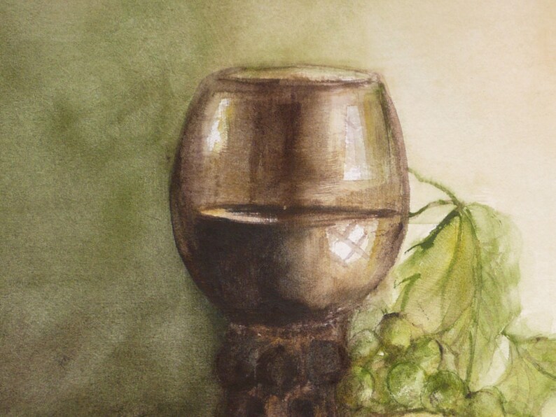 May include: A watercolor painting of a glass of red wine with a green leafy vine in the background.