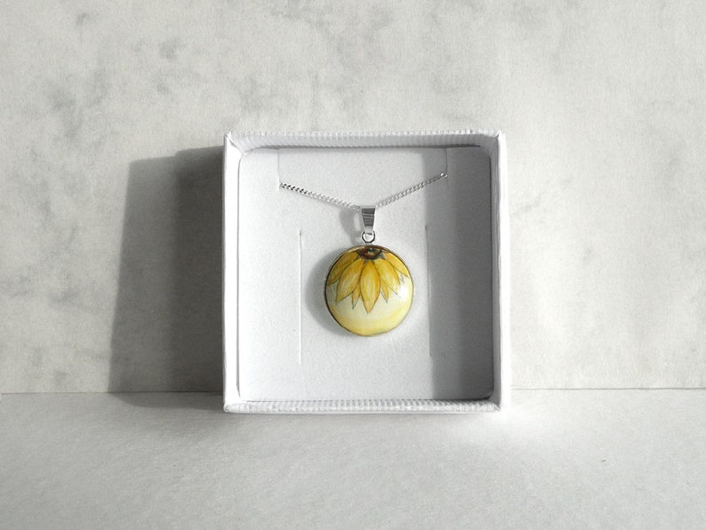 Unique Necklace, Hand Painted Sunflower Pendant, Sterling Silver Necklace, Art Jewelry Sunflower Charm, Handmade Jewelry image 2