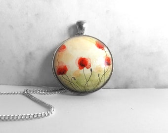 Mohnblumen Halskette, Mohn Anhänger, Original Holzmalerei, Mohnbild, Blumenkette, Mohnblumenwiese, Handbemalter Schmuck für Damen