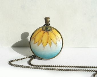 Artistic Necklace, Sunflower Pendant Necklace, Hand Painted Jewelry, Bezel Necklace, Big Charm, Half Sunflower Original Painting