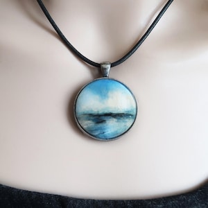 Hand-Painted Ocean Pendant Necklace – Original Artwork, Wooden Pendant, Leather Cord