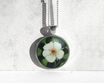 Hagebutte Anhänger, Runder Kettenanhänger, Orignalbild, Weiße Blume, Handbemalter Blumenanhänger
