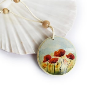 Hippie Pendant, Poppy Flower Necklace, Hand-Painted Poppy Field, Necklace with Wooden Beads, Handmade Jewelry