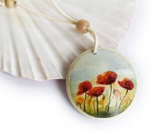 Hippie Flower Necklace, Hand Painted Poppy Pendant, Cord Beaded Necklace, Art Jewelry