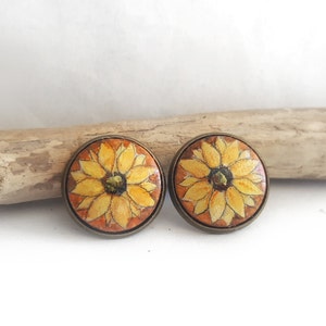 Cute Stud Round Earrings, Hand Painted Sunflower Studs Post Earrings, Yellow Flower Painting Jewelry, Handmade Jewelry image 1