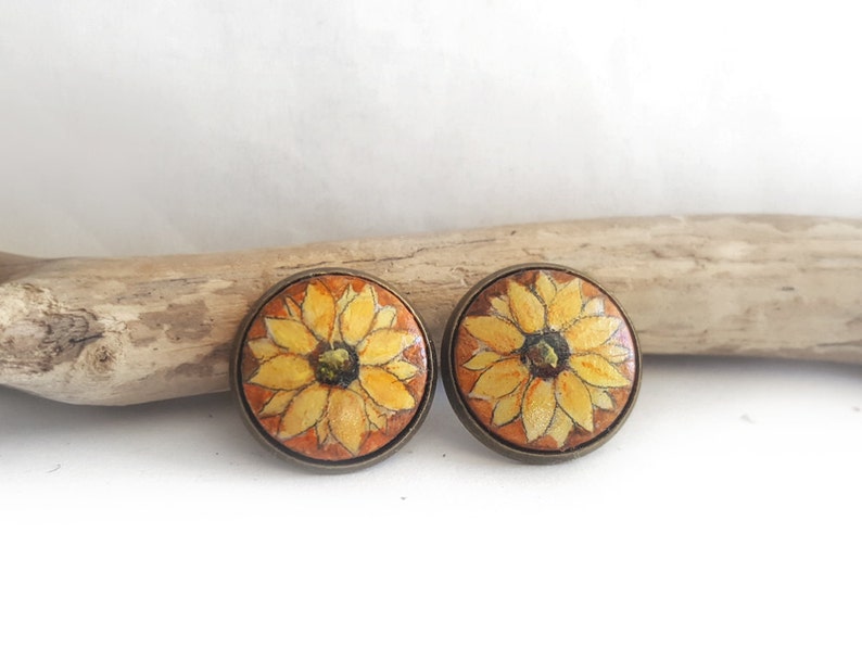 Cute Stud Round Earrings, Hand Painted Sunflower Studs Post Earrings, Yellow Flower Painting Jewelry, Handmade Jewelry image 1