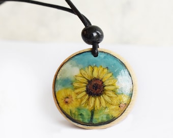 Sunflower Pendant Necklace, Leather Cord Short Necklace, Sunflower Small Acrylic Painting, Flower,  Gift for Girls