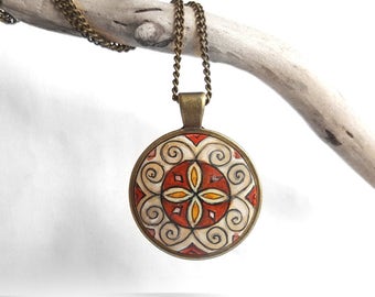 Hand Painted Charm Necklace, Handmade Jewelry, Beige Brown Pendant Necklace, Round Bezel Pendant Chain Necklace