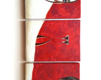 Small Painting African Style, Triptych, Mixed Media Original Painting, Red Painting, Canvas Art, African Woman Portrait Painting, Home Decor