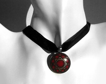 Chic Gothic Choker, Black Velvet Ribbon Necklace, Red Choker Collar, Hand Painted Necklace, Gothic Style Jewelry, Handmade Necklace Choker