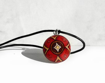 Unique Hand Painted Pendant, African Style Charm, Sterling Silver Wooden Necklace Leather Cord Pendant, Silver Jewelry, Red Pendant