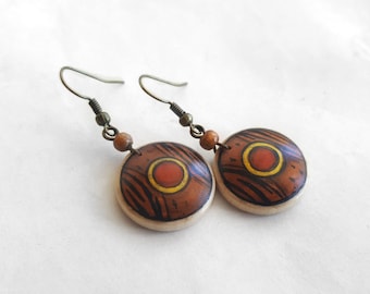 Hand Painted Wooden Earrings, Dangle Earring, African Art Earrings, Ethnic Painting on Wood, Crafts, Tiny Art