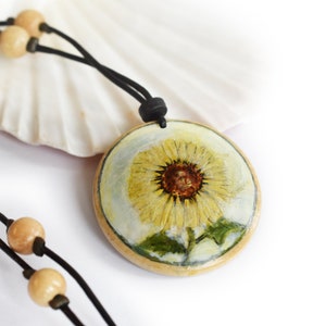 Hippie Pendant, Sunflower Necklace, Hand-Painted Necklace with Wooden Beads, Handmade Jewelry