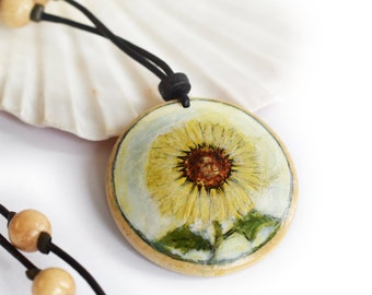 Unique Hippie Necklace, Hand Painted Sunflower Pendant, Cord  Beaded Necklace, Art Jewelry