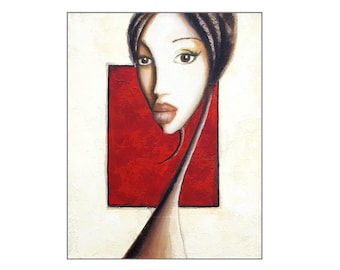 Unique Small Original Painting, Woman Portrait Painting, Face Art Tribal Style, Red Painting on Canvas, African Art, Mixed Media Painting