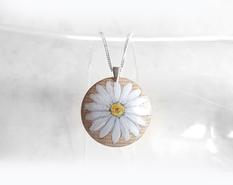 Margerite Anhänger aus Holz, 925 Silberkette, Handbemalter Kettenanhänger, Holzanhänger, Holzschmuck für Damen