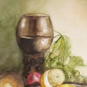 May include: A watercolor painting of a still life featuring a glass of red wine, grapes, a lemon, and a red apple. The background is a soft green and beige.