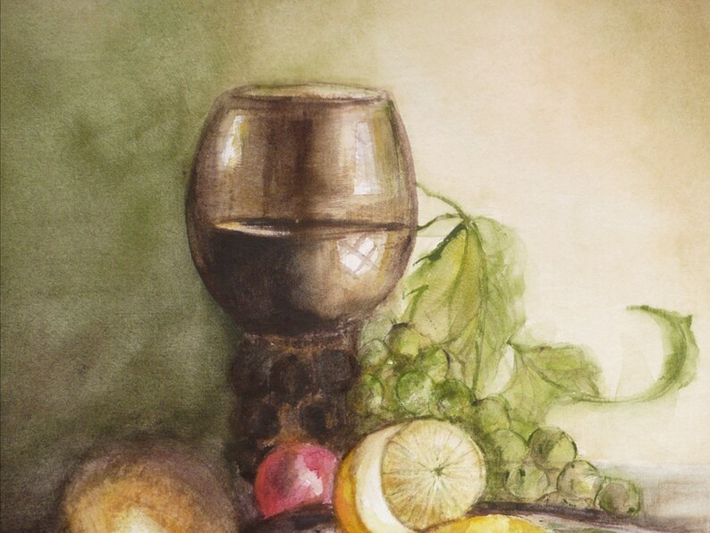 May include: A watercolor painting of a still life featuring a glass of red wine, grapes, a lemon, and a red apple. The background is a soft green and beige.