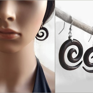 Spiral earrings, wooden spiral earrings, wooden earrings, dangle earrings, 925 sterling silver, ethno style jewellery