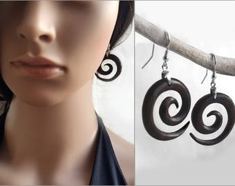 Spirale Ohrringe, Holzspirale Ohrhänger, Holzohrringe, Hängeohrringe, 925 Silber, Ethno Stil Schmuck