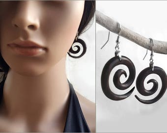 Spiral Wooden Earrings, Big Dangle Spiral Earrings, Wood and 925 Silver,  Ethnic Jewelry, Tribal Style