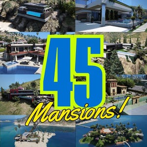 May include: A collage of twelve distinct luxury residential properties and mansions, featuring various architectural styles, swimming pools, and landscaped grounds, with the large blue and yellow text overlay reading 45 Mansions!