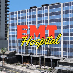 Puede incluir: Un edificio de varios pisos con una cuadrícula de ventanas de cristal azul y marcos de hormigón. El texto EMT Hospital está superpuesto en letras grandes rojas y amarillas. Se ven palmeras en la base cerca de una calle con un vehículo.