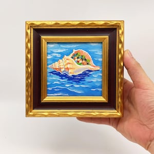 Tableau fantastique de coquillages, œuvre d'art originale peinte à la main sur le thème de l'océan, décoration de maison de bord de mer, art mural fantaisiste sur le thème de la plage