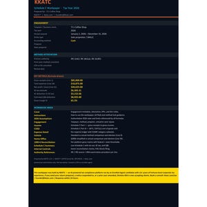 May include: A dark-themed Schedule C Workpaper document for tax year 2026, titled KKATC. It displays business engagement details for TJ's Coffee Shop, including key metrics like gross receipts of $85,000.00, net profit of $44,625.00, and a workbook index.
