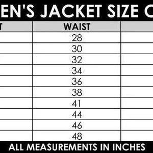 Op de afbeelding: Een zwart-witte maattabel voor jassen met kolommen voor maat, borstomvang, taille, heup en mouwlengte. De tabel bevat maten van XS tot 6XL met bijbehorende afmetingen in inches. De tekst bovenaan luidt WOMEN'S JACKET SIZE CHART.