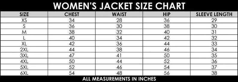Op de afbeelding: Een zwart-witte maattabel voor jassen met kolommen voor maat, borstomvang, taille, heup en mouwlengte. De tabel bevat maten van XS tot 6XL met bijbehorende afmetingen in inches. De tekst bovenaan luidt WOMEN'S JACKET SIZE CHART.