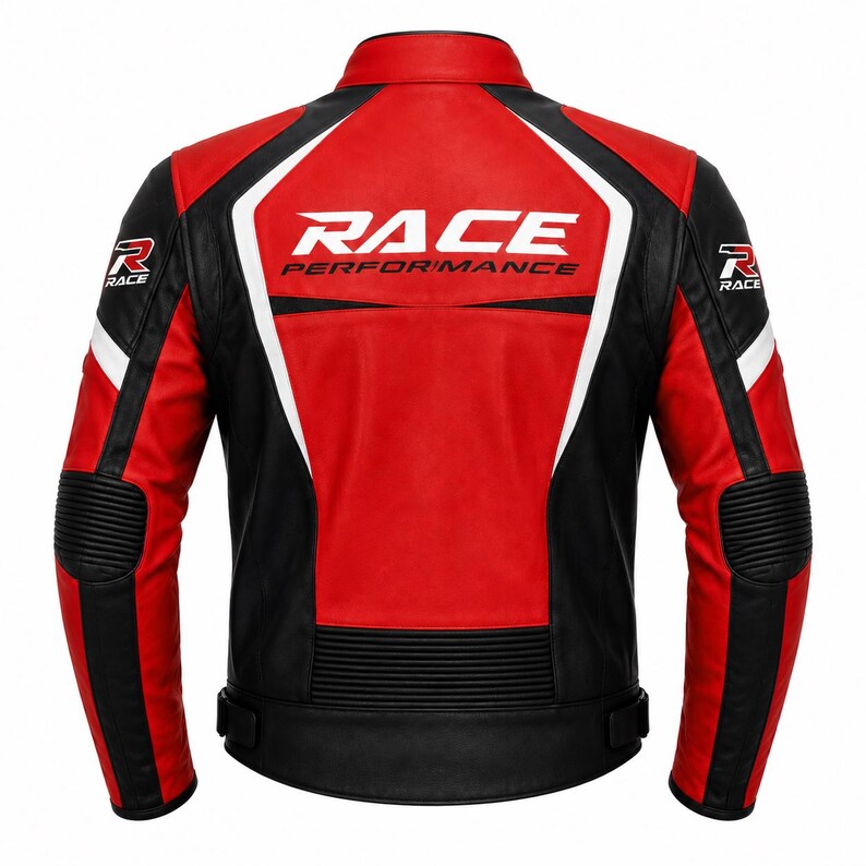 Op de afbeelding: Een rood, zwart en wit leren motorjack met de tekst RACE PERFORMANCE in het wit op de achterkant gedrukt. Het jack is voorzien van geribbelde panelen bij de ellebogen en onderrug, met het RACE-logo op beide bovenmouwen.