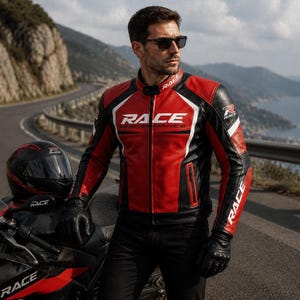 Handgemaakte leren motorjas voor heren, rode race-bikerjas, geschikt voor circuit- en straatgebruik, ideaal cadeau voor hem. afbeelding 6