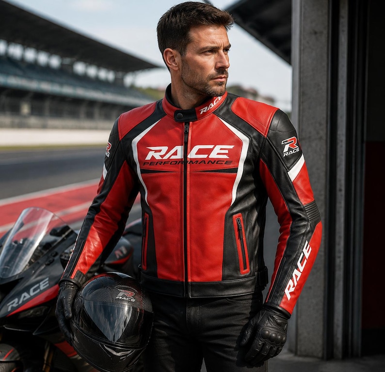 Handgemaakte leren motorjas voor heren, rode race-bikerjas, geschikt voor circuit- en straatgebruik, ideaal cadeau voor hem. afbeelding 5
