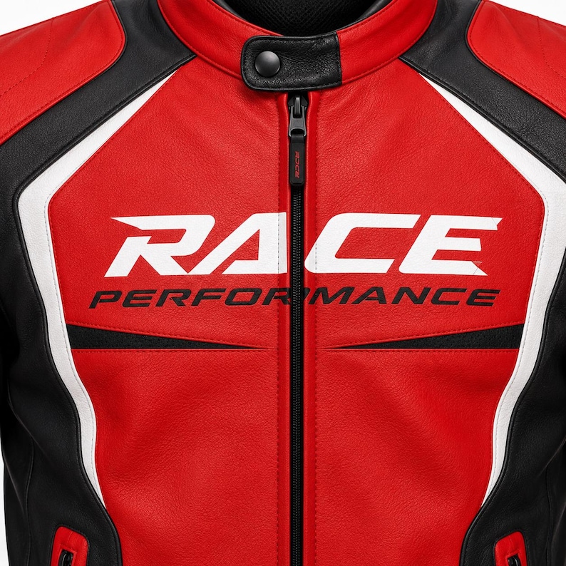 Op de afbeelding: Een rood, zwart en wit leren jack met een centrale ritssluiting en een kraag met drukknoop. Op de borst staat de witte tekst RACE en de zwarte tekst PERFORMANCE. Het ontwerp bevat witte biezen en zwarte panelen.