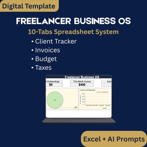 May include: A digital template titled Freelancer Business OS, a 10-tabs spreadsheet system for client tracking, invoices, budget, and taxes. The display shows a laptop screen with income and expense charts, including a pie chart and line graph.