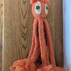 May include: An orange yarn octopus toy featuring a round head with a tuft of yarn on top, two oval-shaped eyes with dark brown pupils, and four long braided tentacles that end in frayed, loose yarn tassels at the bottom of the structure.