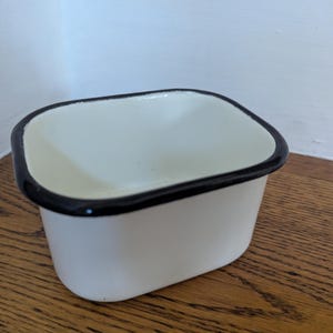 White and blue enamelware rectangular pot