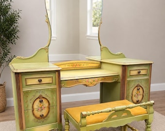 Vintage Built by John- hand painted vanity with mirror and matching bench