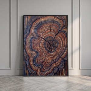Peut inclure: Une œuvre d'art murale encadrée de forme rectangulaire représentant une peinture détaillée d'une coupe transversale de tronc d'arbre. L'image montre des cernes de croissance concentriques dans des tons bleu profond, orange brûlé et brun foncé.